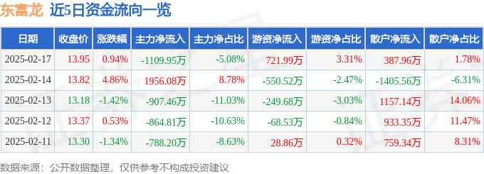 股票行情快报：东富龙（300171）2月17日主力资金净卖出1109.95万元