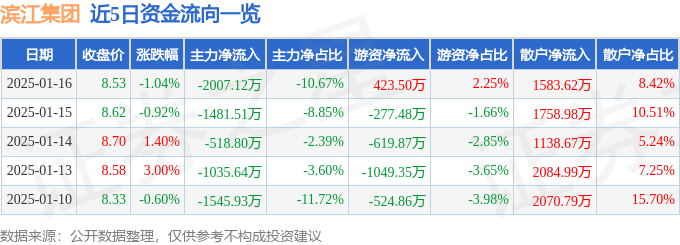 股票行情快报：滨江集团（002244）1月16日主力资金净卖出2007.12万元