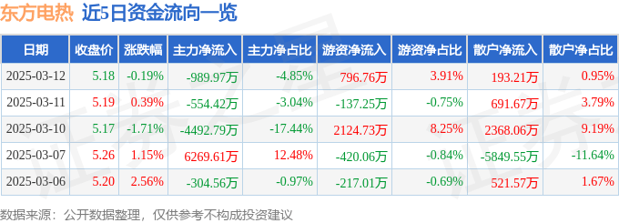股票行情快报：东方电热（300217）3月12日主力资金净卖出989.97万元