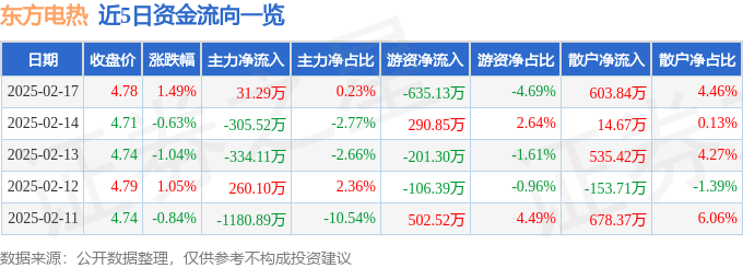 股票行情快报：东方电热（300217）2月17日主力资金净买入31.29万元