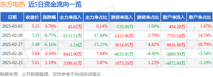 股票行情快报：东方电热（300217）3月3日主力资金净买入45.62万元