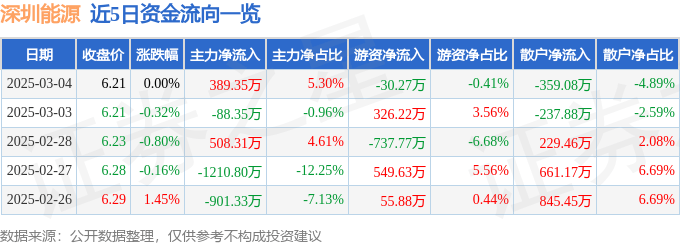 股票行情快报：深圳能源（000027）3月4日主力资金净买入389.35万元