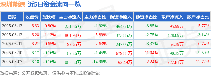 股票行情快报：深圳能源（000027）3月13日主力资金净卖出231.36万元