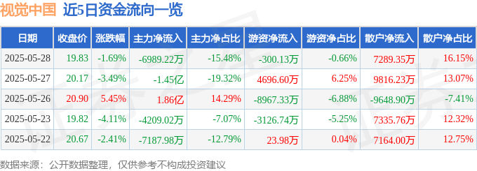 股票行情快报：视觉中国（000681）5月28日主力资金净卖出6989.22万元