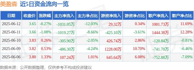 股票行情快报：美盈森（002303）6月12日主力资金净卖出1031.05万元