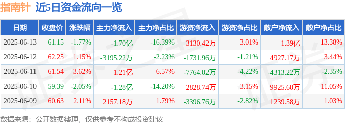 股票行情快报：指南针（300803）6月13日主力资金净卖出1.70亿元