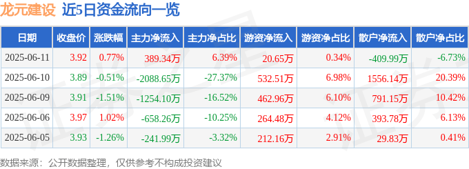 股票行情快报：龙元建设（600491）6月11日主力资金净买入389.34万元